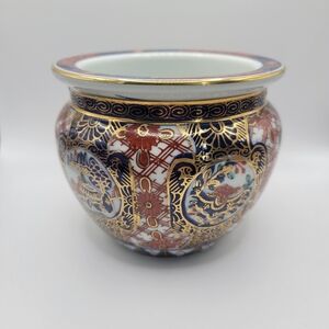 Vintage Imari-Style Mini Planter Porcelain Blue Red Gold Decorative Geometric